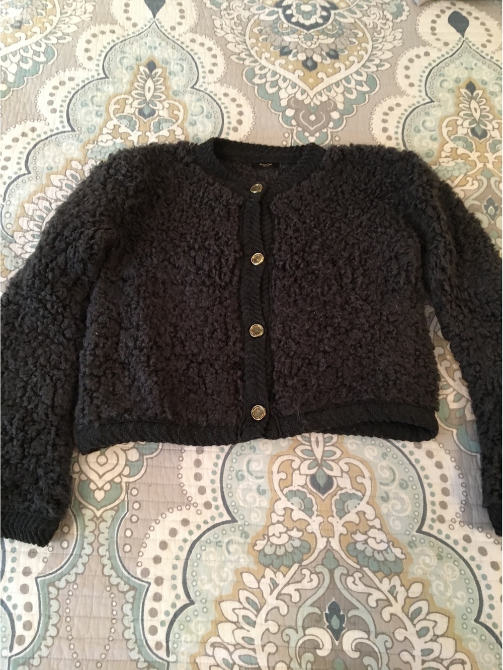 Massimo Dutti Black Wool and Alpaca Textured Cardigan Size S